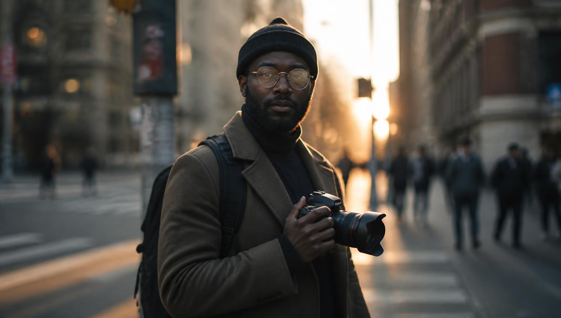 Tablo’s Vision photographer with a camera on a city street at golden hour