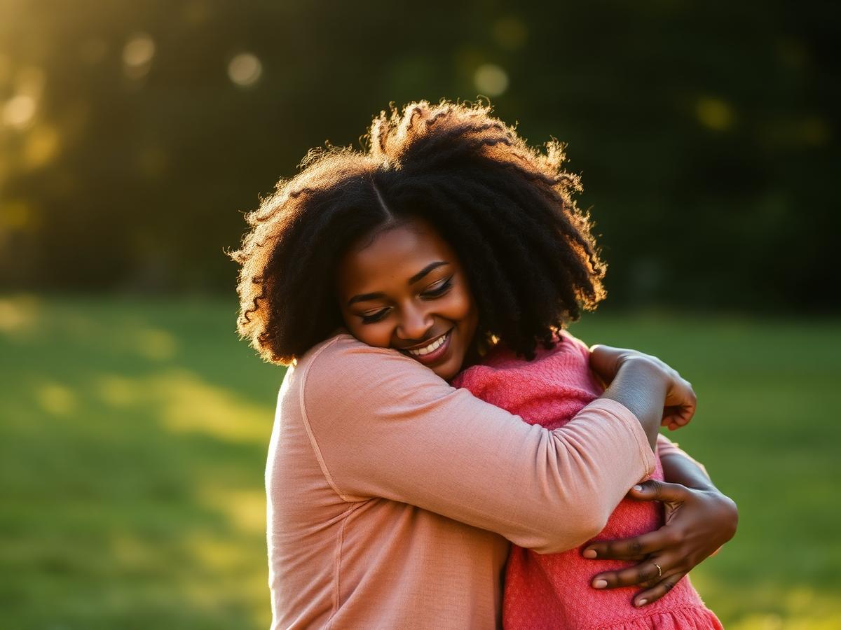 Mother and daughter photographed in golden evening light